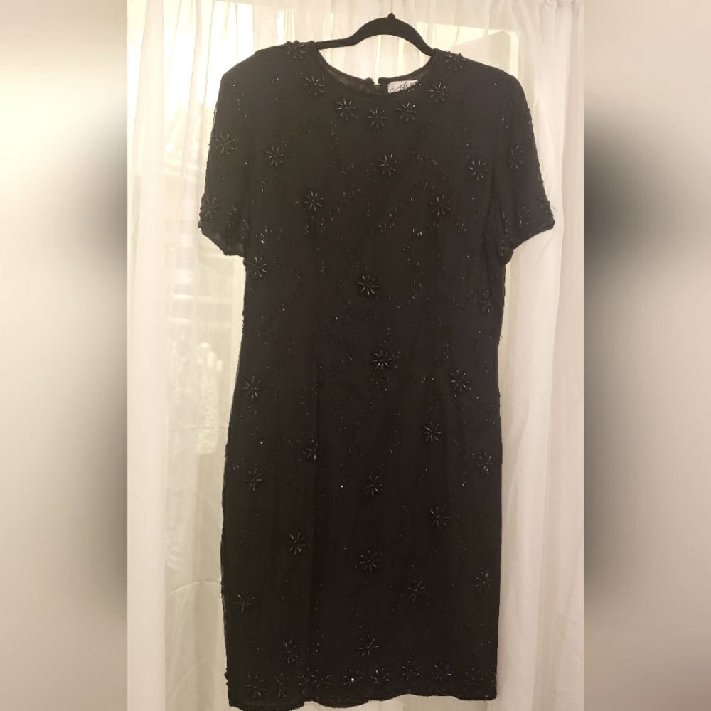VTG Black 100% Silk Beaded Evening Dress sz 14 1980s